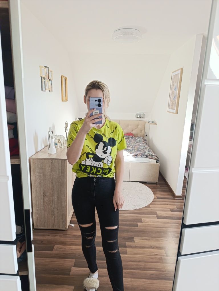 Spodnie jeansy dziury przetarcia wysoki stan xs s bawełna czarne