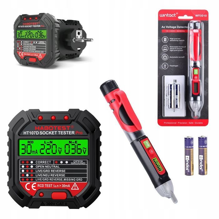 Tester Gniazd Elektrycznych Sieciowych LCD + Próbnik Tester Napięcia