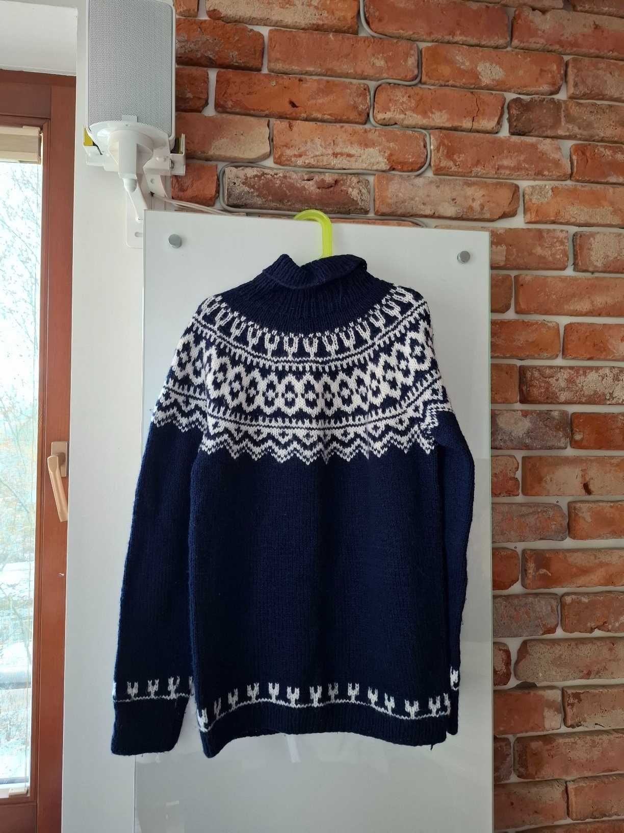 Golf sweter wełna ręcznie robiony S uniseks