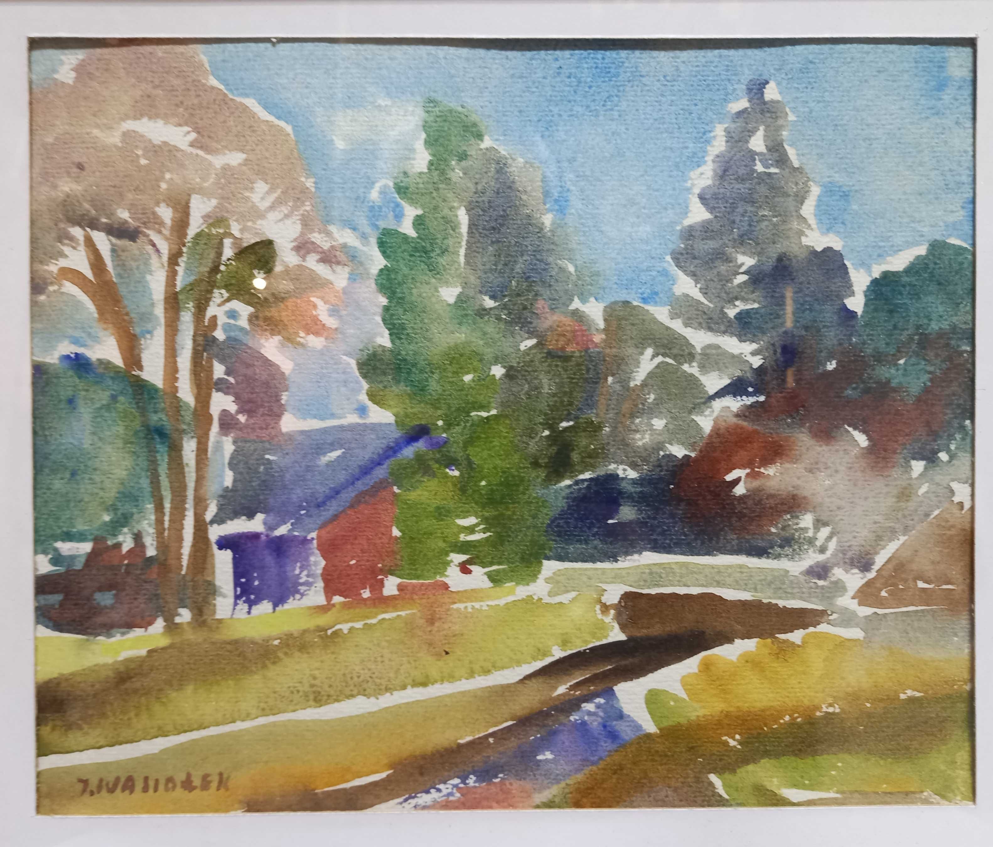 Pejzaż wiejski, akwarela, Józef Wasiołek ur. 1921 zm. 2008