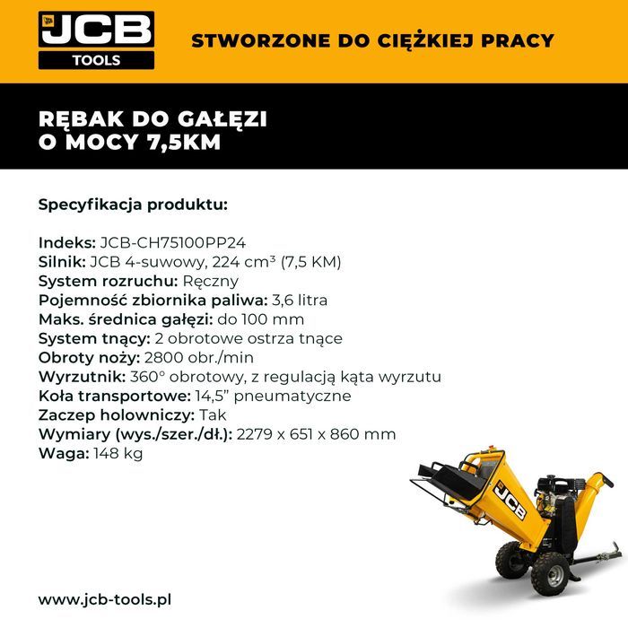 JCB Tools Rębak Spalinowy do Gałęzi Rozdrabniacz do Drewna 100mm 7.5KM
