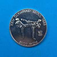 Korea 5000 wonów 1987, olimpiada Seul - taekwondo, srebro 0,925