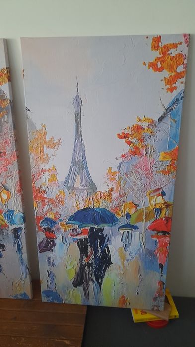 Obraz na płotnie Deszczowy Paryz 113x171 cm. Tryptyk