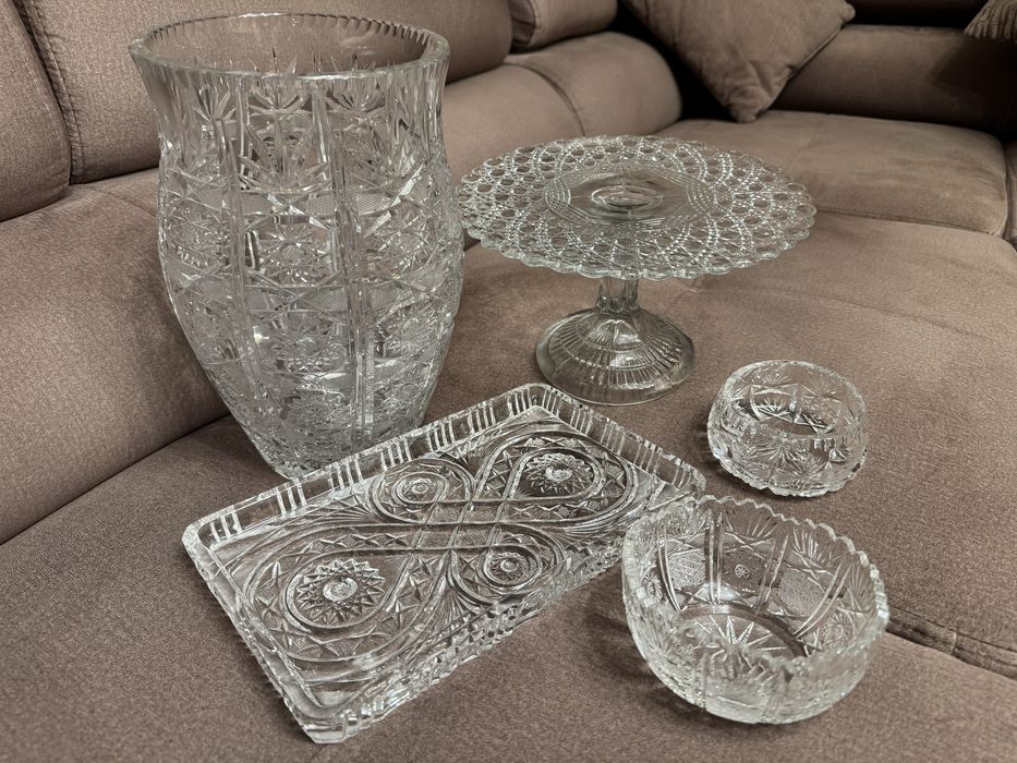 Kryształy z PRL - Zestaw wazon , patera , taca