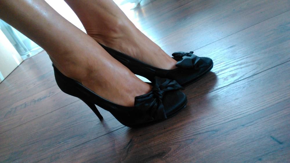 Włoskie Czarne Czółenka/Szpilki z Kokardą platforma_Rozm.38