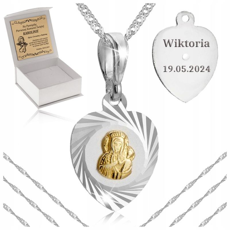 Srebrny Łańcuszek + Medalik Matka Boska Serce Pr 925 Prezent Komunia G