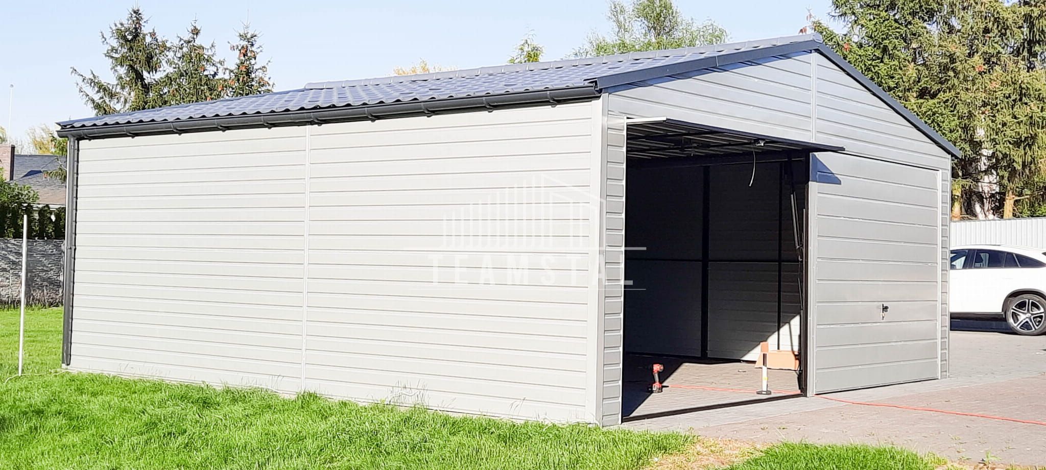 GARAŻ BLASZANY 6,5m x 6m dwuspad 2x Brama biały + antracyt TS292