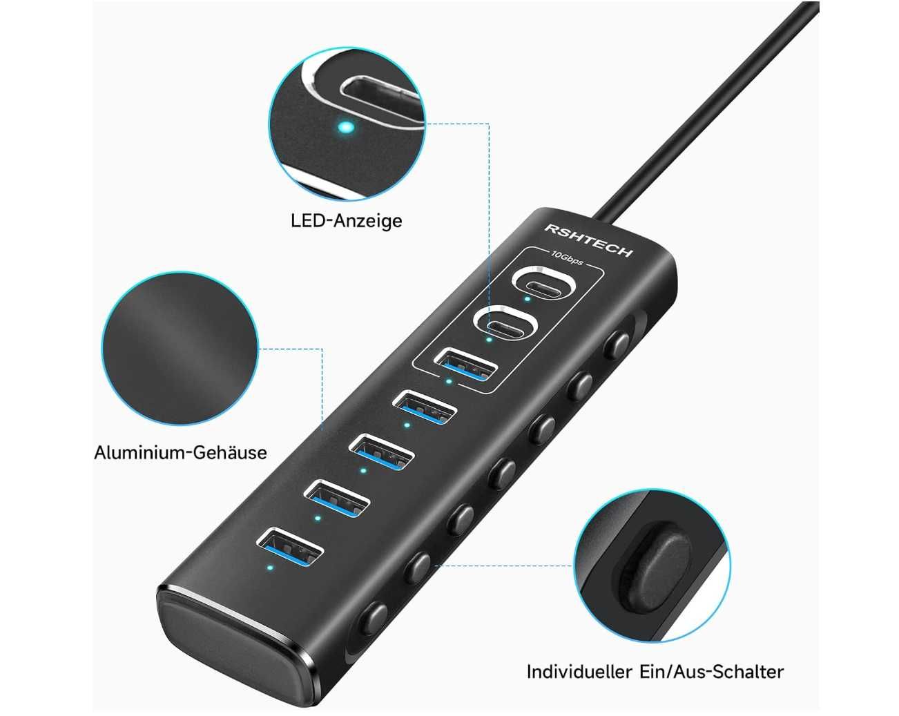 Aktywny koncentrator USB z zasilaczem RSHTECH 7-portowy x2 C USZKODZON