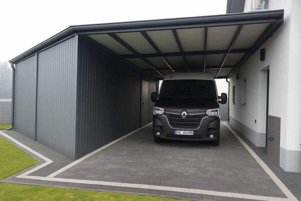 Wiata garażowa. Garaż. Z pomieszczeniem gospodarczym. Z zabudową ścian