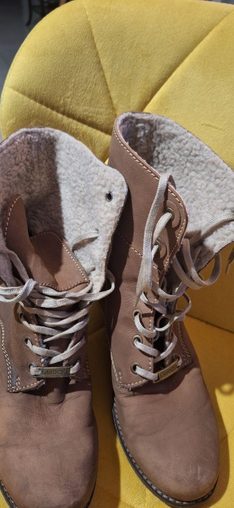 Buty zimowe jesienne Lasocki 39 25cm brązowe skóra naturalna kożuszek