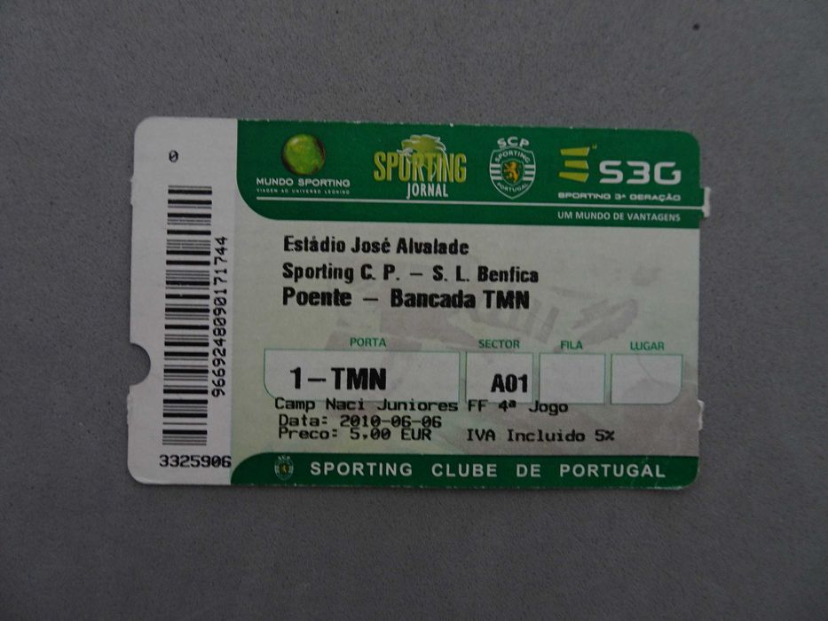 Bilhete futebol Sporting Benfica 2010