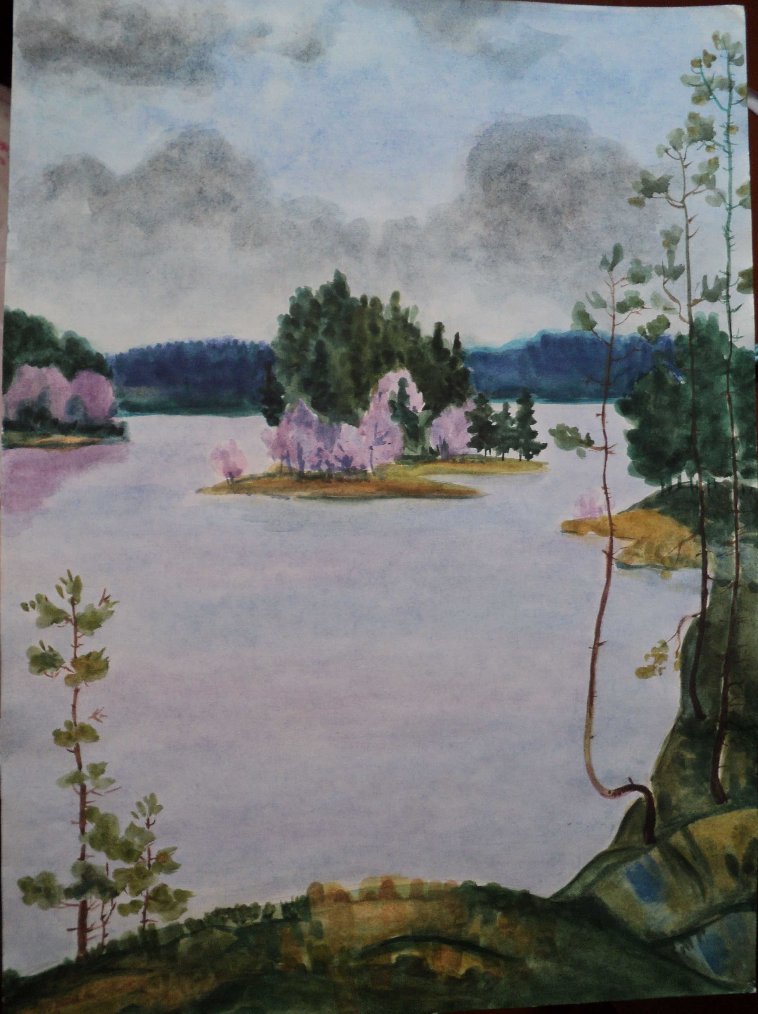 картина акварелью картина акварель картина Пейзаж озеро река природа