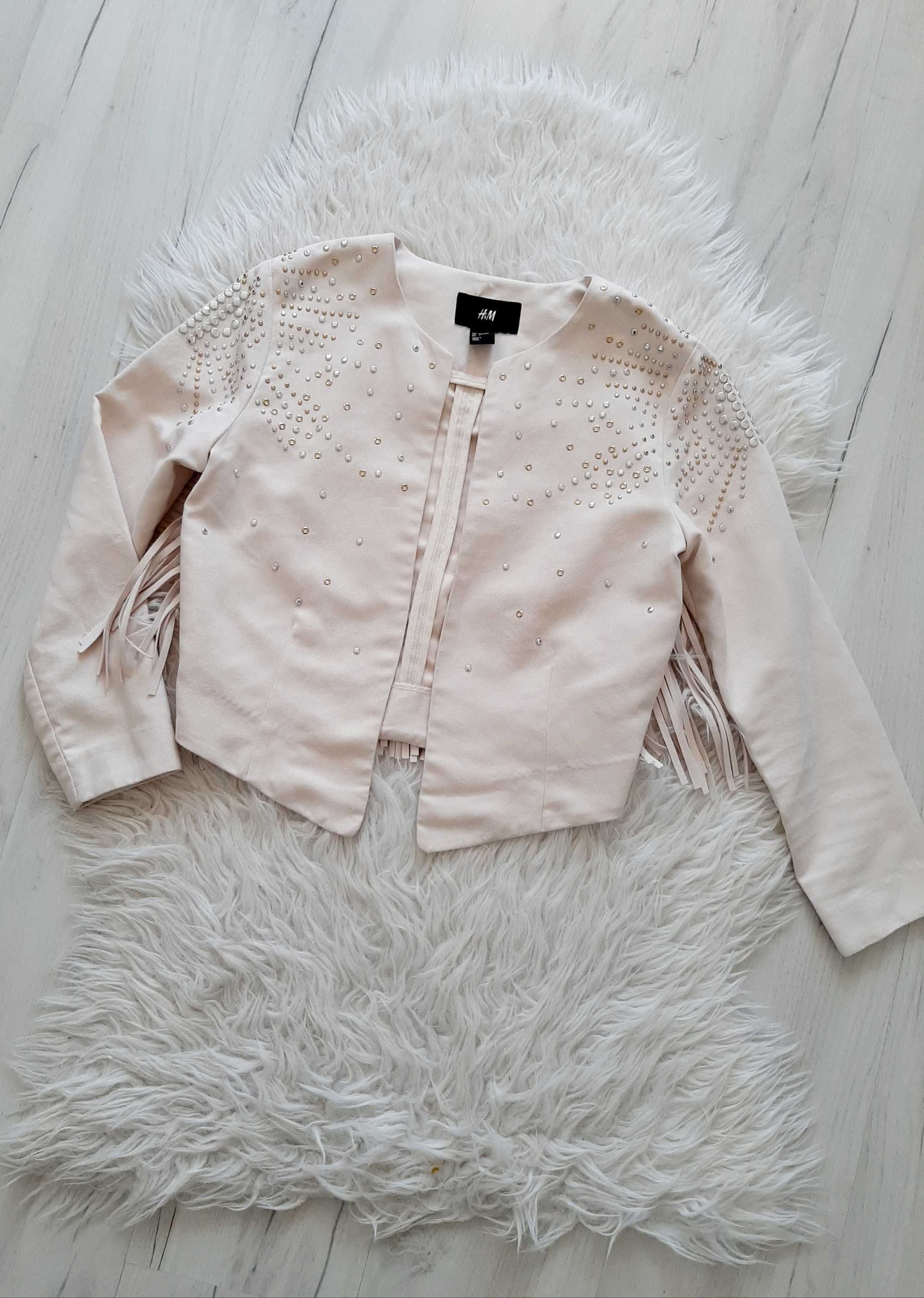 H&M piękna beżowa zamszowa ramoneska z frędzlami i dżetami S 36