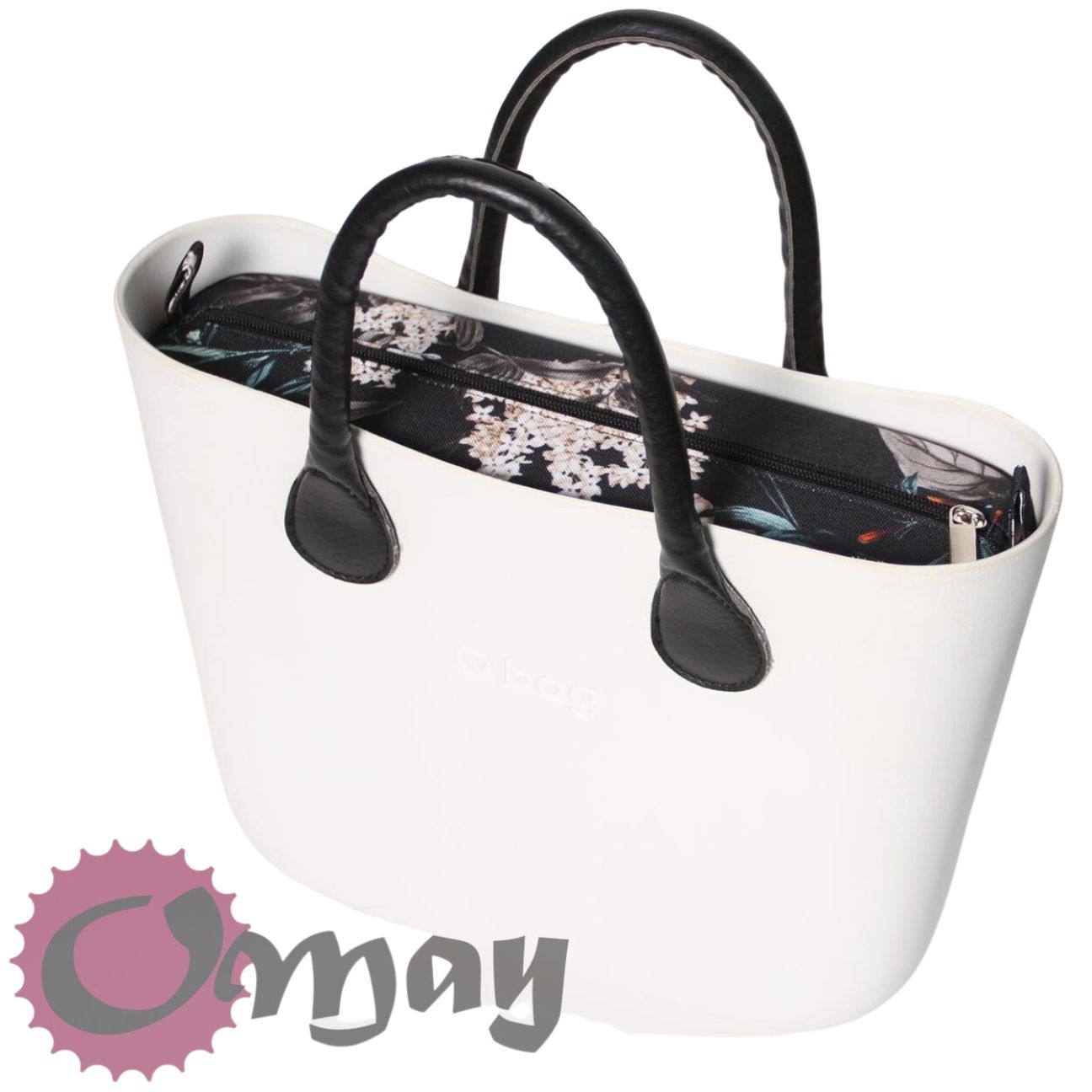 Czarny organizer OBAG MINI +OPASKA kwiaty bzy konwalie 2kieszenie OMAY