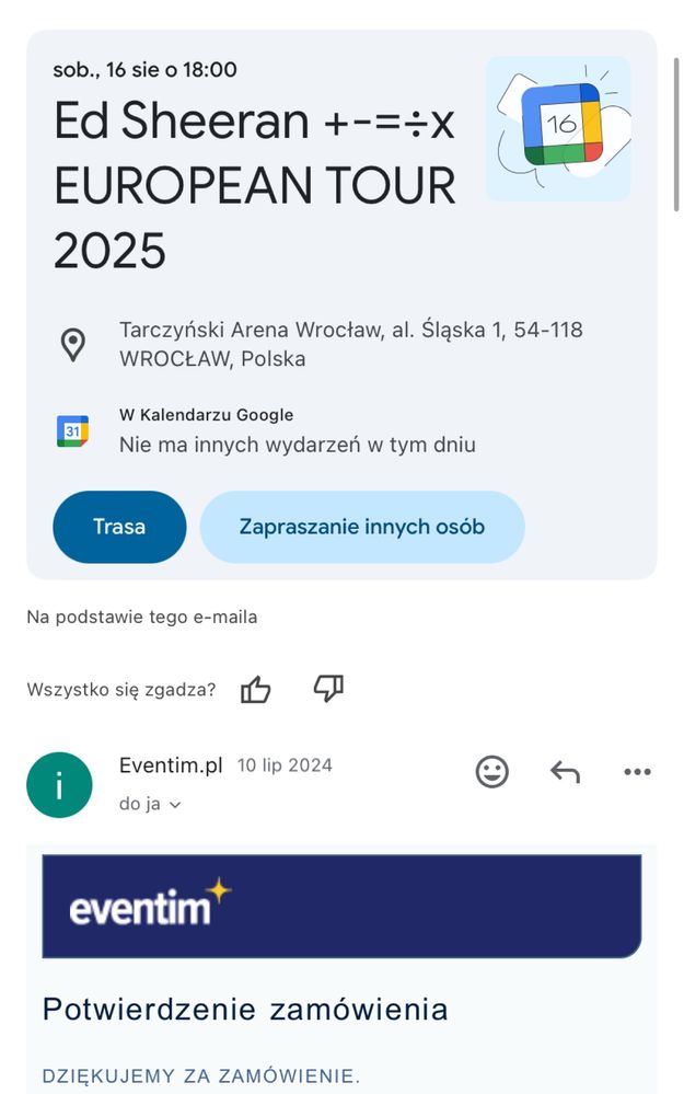 Dwa bilety, super miejsca, ed sheeran 16/08 wroclaw