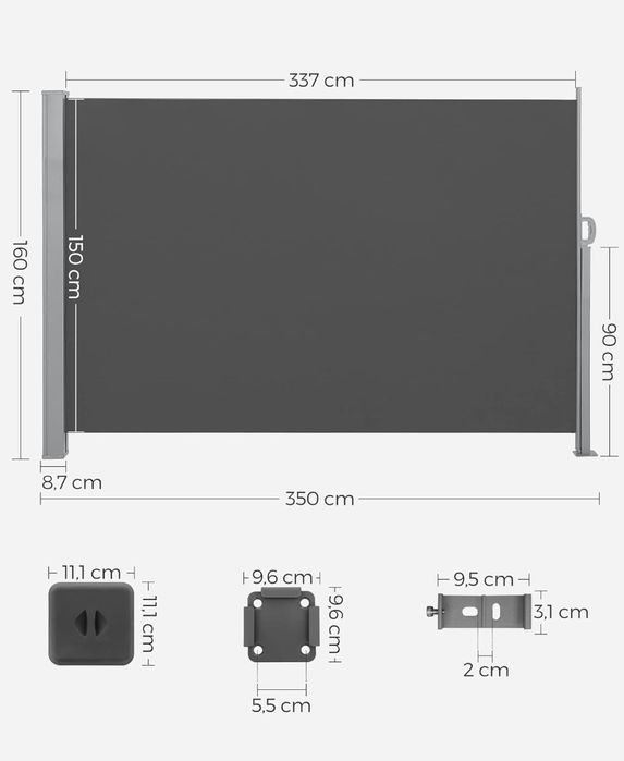 SONGMICS Osłona boczna, wysuwana, 160 x 350 cm szara GSA165G02