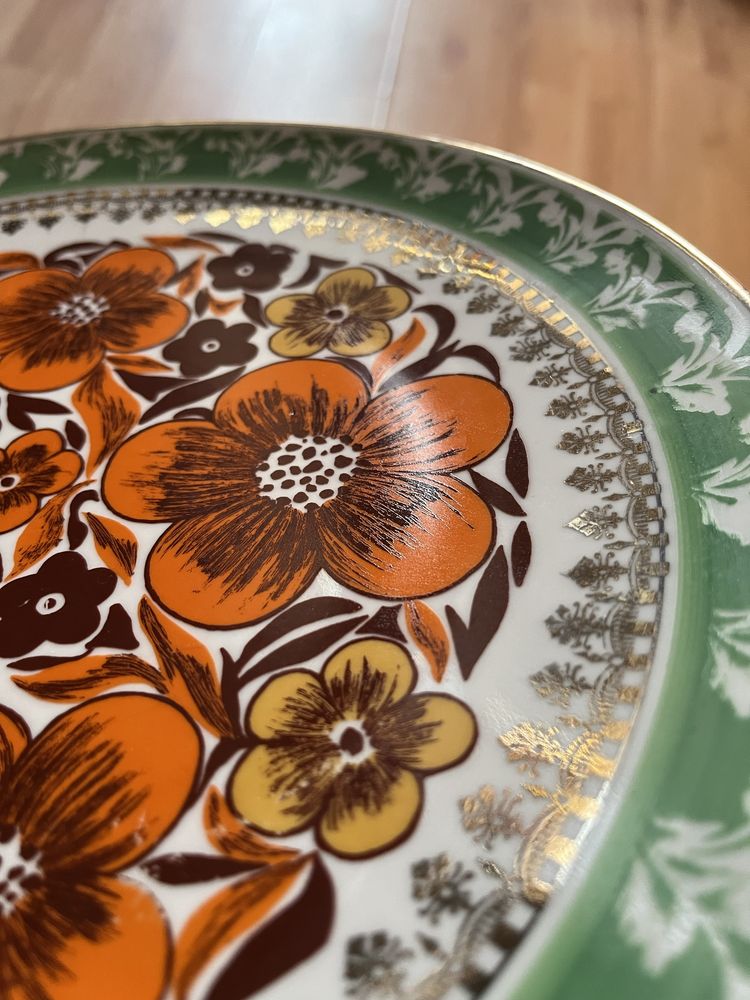 Talerz dekoracyjny, pomarańcz złocenia ćmielów porcelana