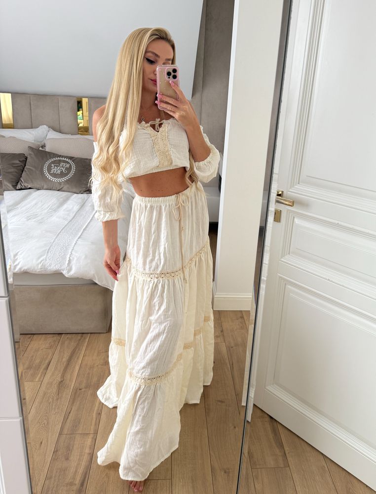Kremowy komplet letni top i spódnica maxi Just Unique Lexy