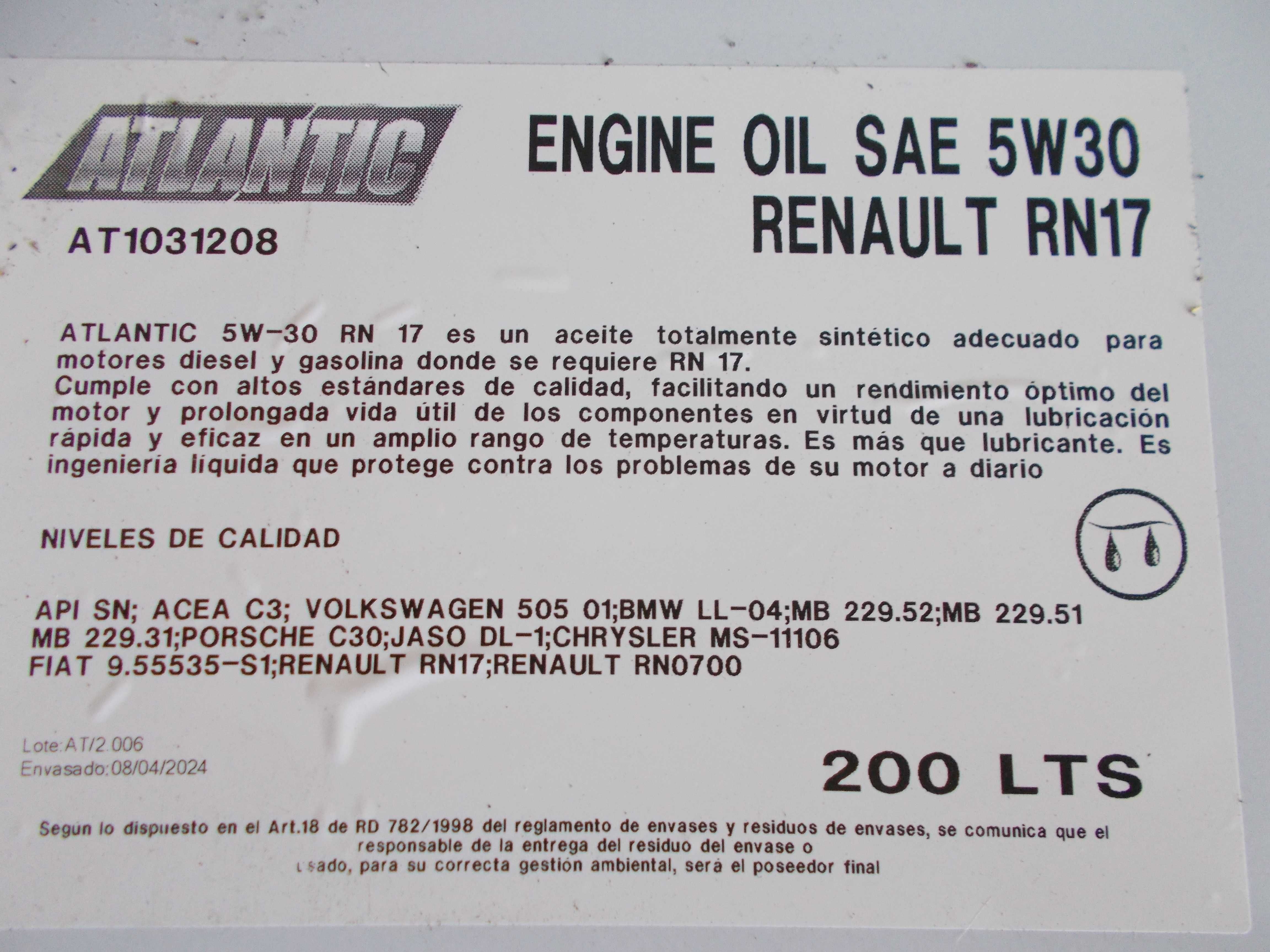 Atlantic Engine Oil 5w-30 Renault RN17 ( 200 Lt )