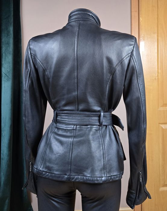 BELSTAFF damska skórzana kurtka czarna ramoneska z paskiem