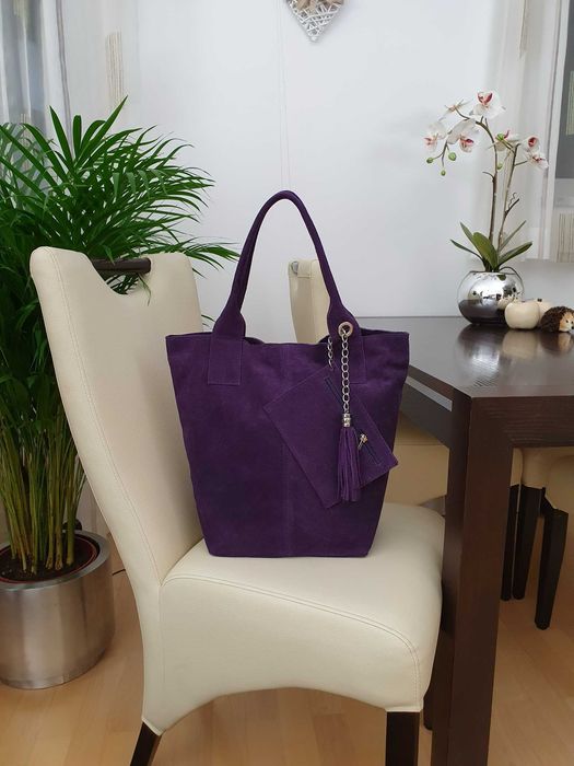 VERA PELLE torebka zamszowa worek shopper z suwakiem V146 beżowa