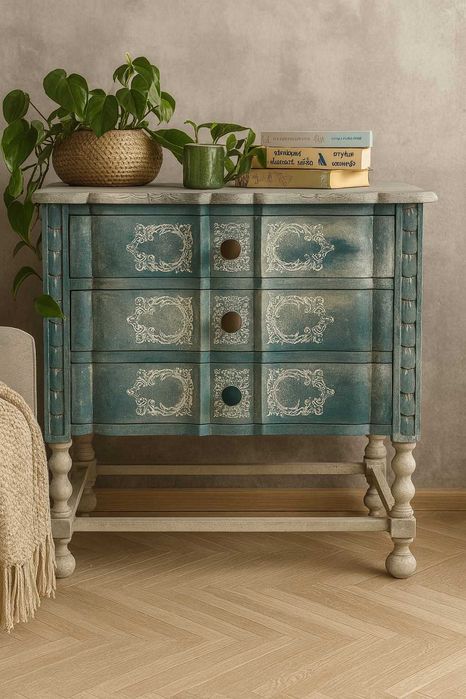 Komoda nakastlik szafka vintage shabby chic błękit ręcznie malowana