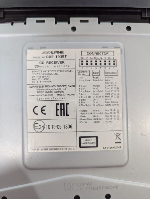 ALPINE CDA-193BT - Komplet - Zwrotnica 3-way - Czasówki - BT/CD/USB