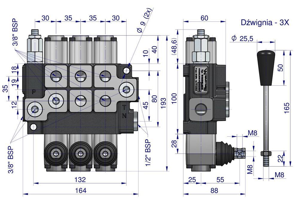 Rozdzielacz hydrauliczny 3-sekcyjny max przepływ 40L 1-sekcja nurnik