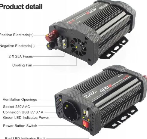 Przetwornica Mocy Samochodowa Ładowarka DC 12V AC 220V 230V 2xUSB 400W