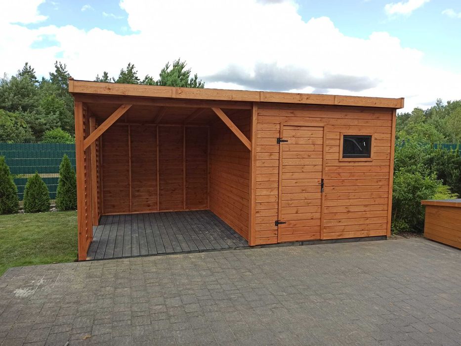 Domek narzędziowy ogrodowy drewniany z altaną "Mediolan" 6x3