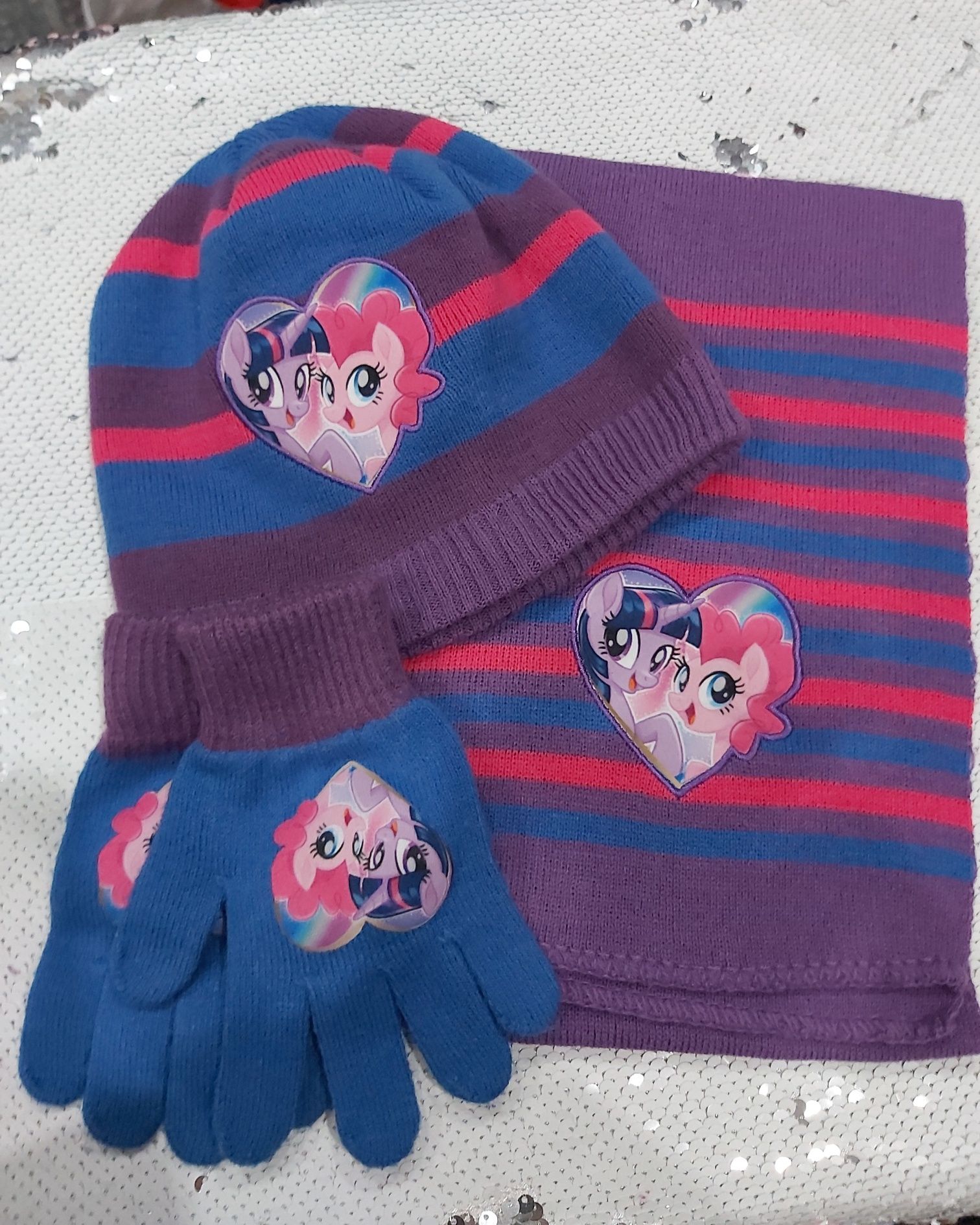 Piękny komplet 3w1 czapka + szalik + Rękawiczki z kucykami Little Pony