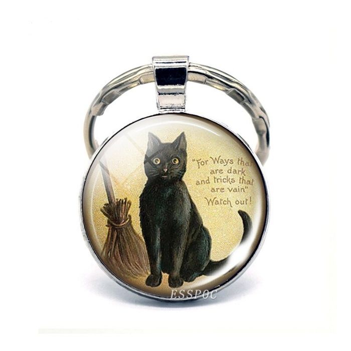 Брелок серебряный металлический круглый "Ведьмин кот". Кот/кошка/луна