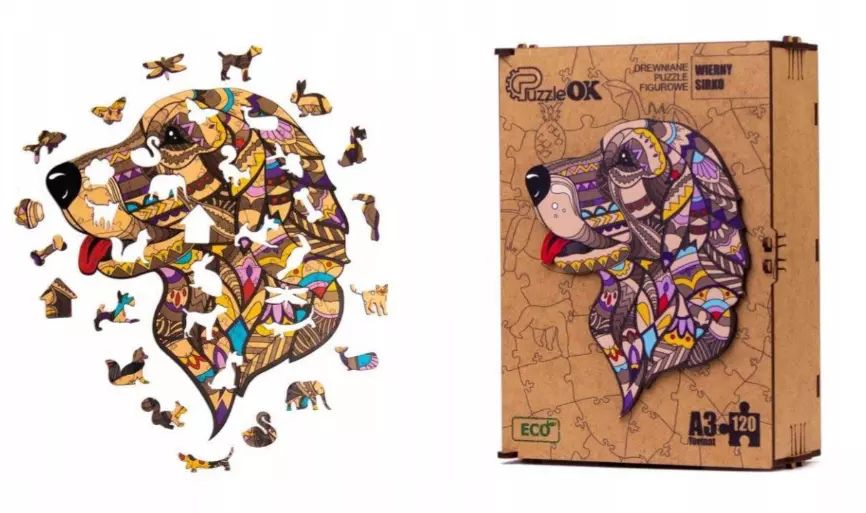 Puzzle drewniane 120 elementów. Wierny Sirko. Maksik. Nowy Produkt
