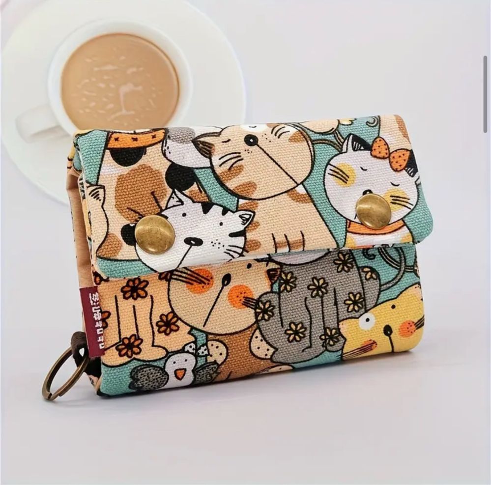 Porta-moedas em tela estampada gatos, com vários compartimentos, nova