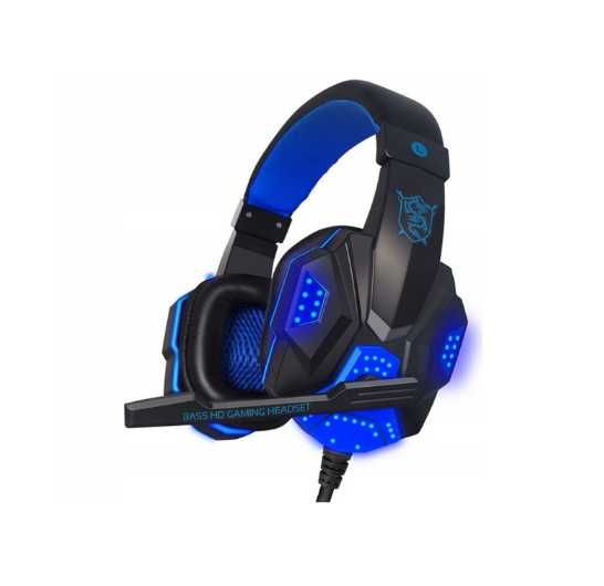 NOWE Słuchawki Gamingowe USB Z Mikrofonem LED Czarno Niebieskie