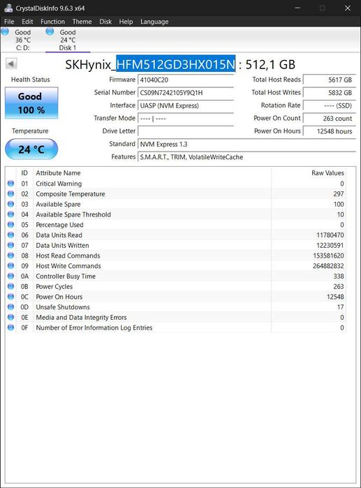 SSD 512Gb M.2 2242 PCIe 3.0 x4 SK Hynix BC711 HFM512GD3HX015N 100%