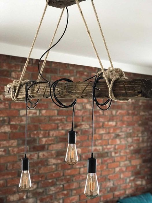 Lampa Rustykalna Loft Stara Drewniana belka Sznur Jutowy
