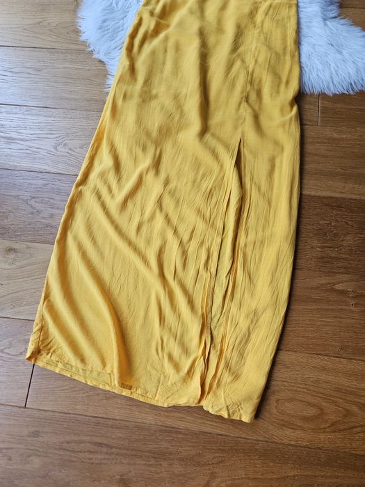 Żółta musztardowa letnia midi długa podpasowana sukienka M