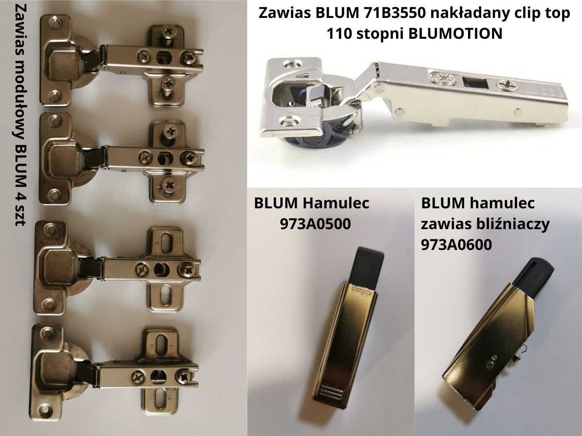 zawiasy prowadniki KOMPLET - BLUM, HAFELE, DTC - NOWE