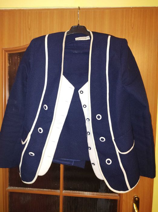 GARSONKA WYJŚĆ. GRANAT BIAŁE WSTAWKI roz.XL żakiet spódnica st.b.dobry