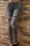 Jeansy z dziurami s slim fit spodnie damskie wysoki stan szare