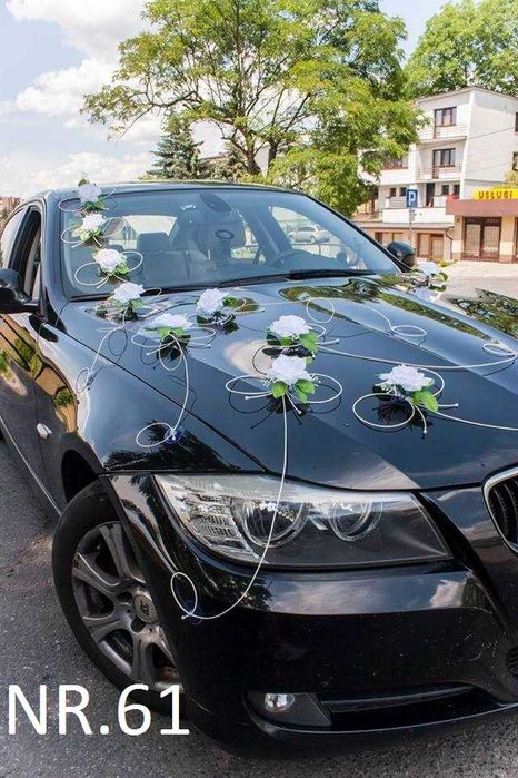 BIAŁA dekoracja ozdoba na auto samochód do ślubu Nr. 061