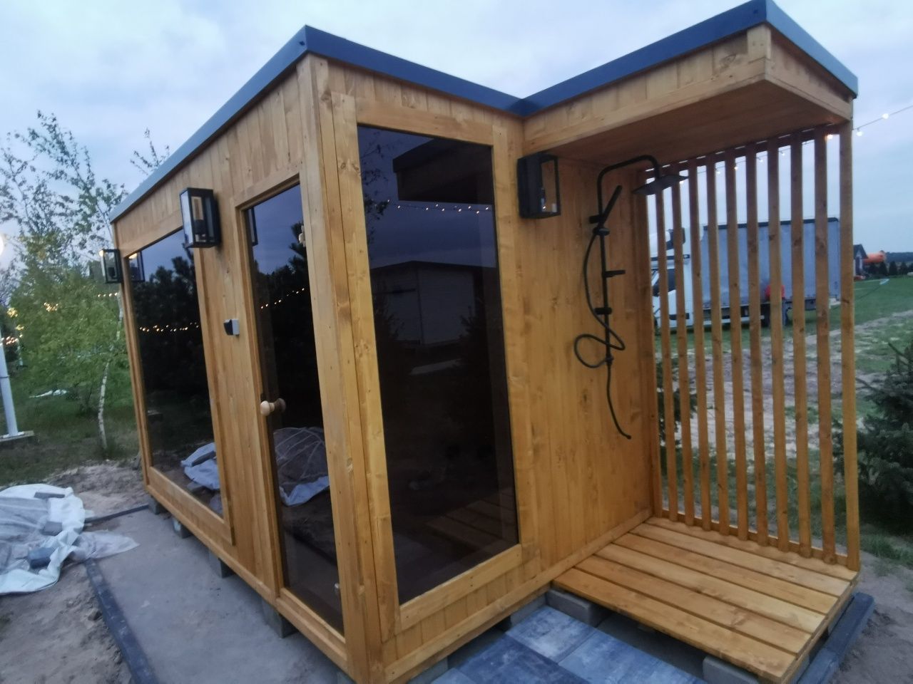 Sauna Ogrodowa Ocieplona zewnętrzna 4,5 x 2m Prysznic Piec Delux