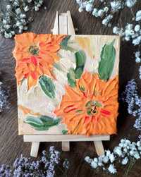 Obraz mini ręcznie malowany + sztaluga "Słoneczniki" kwiaty
