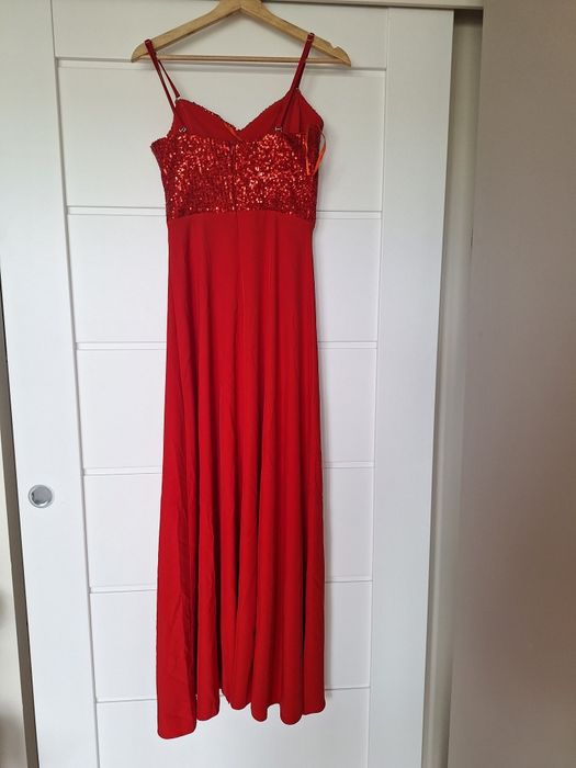 Długa, elegancka czerwona sukienka 36, cekiny ślub, wesele, maxi