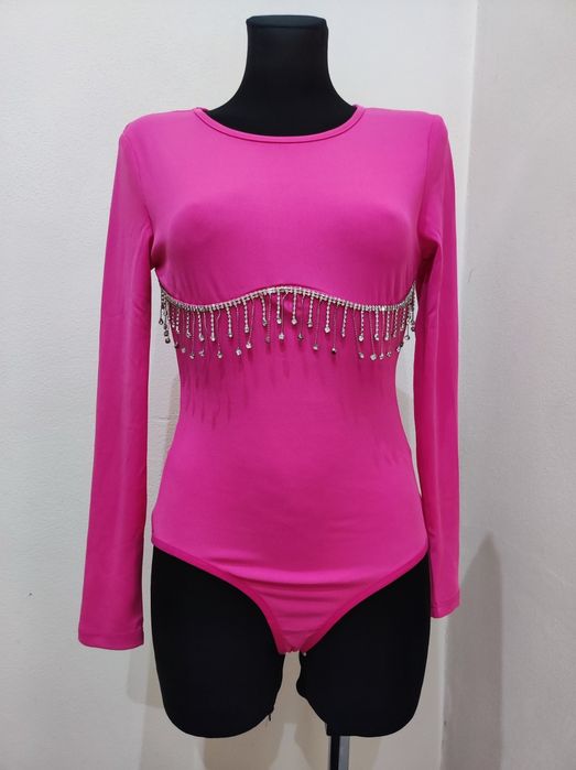 Body prążek srebrne frędzelki cyrkonie róż fuksja sm