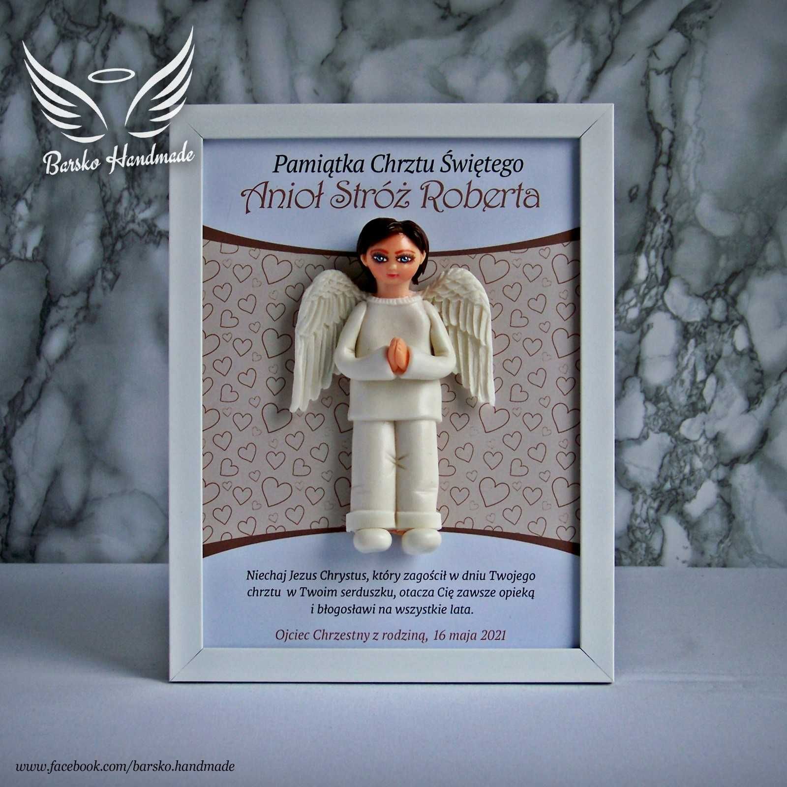 Anioł Stróż z porcelany w ramce 18x24 jako Pamiątka Chrztu Świętego