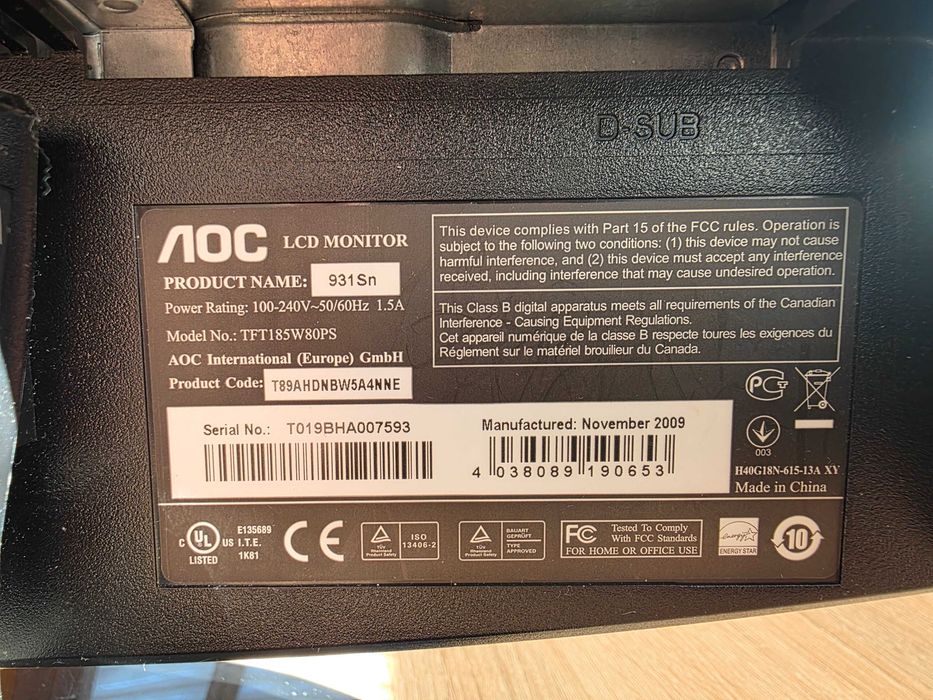 100% sprawny monitor LCD AOC 931Sn TFT185W80PS 18,5'' 1366 x 768 VGA