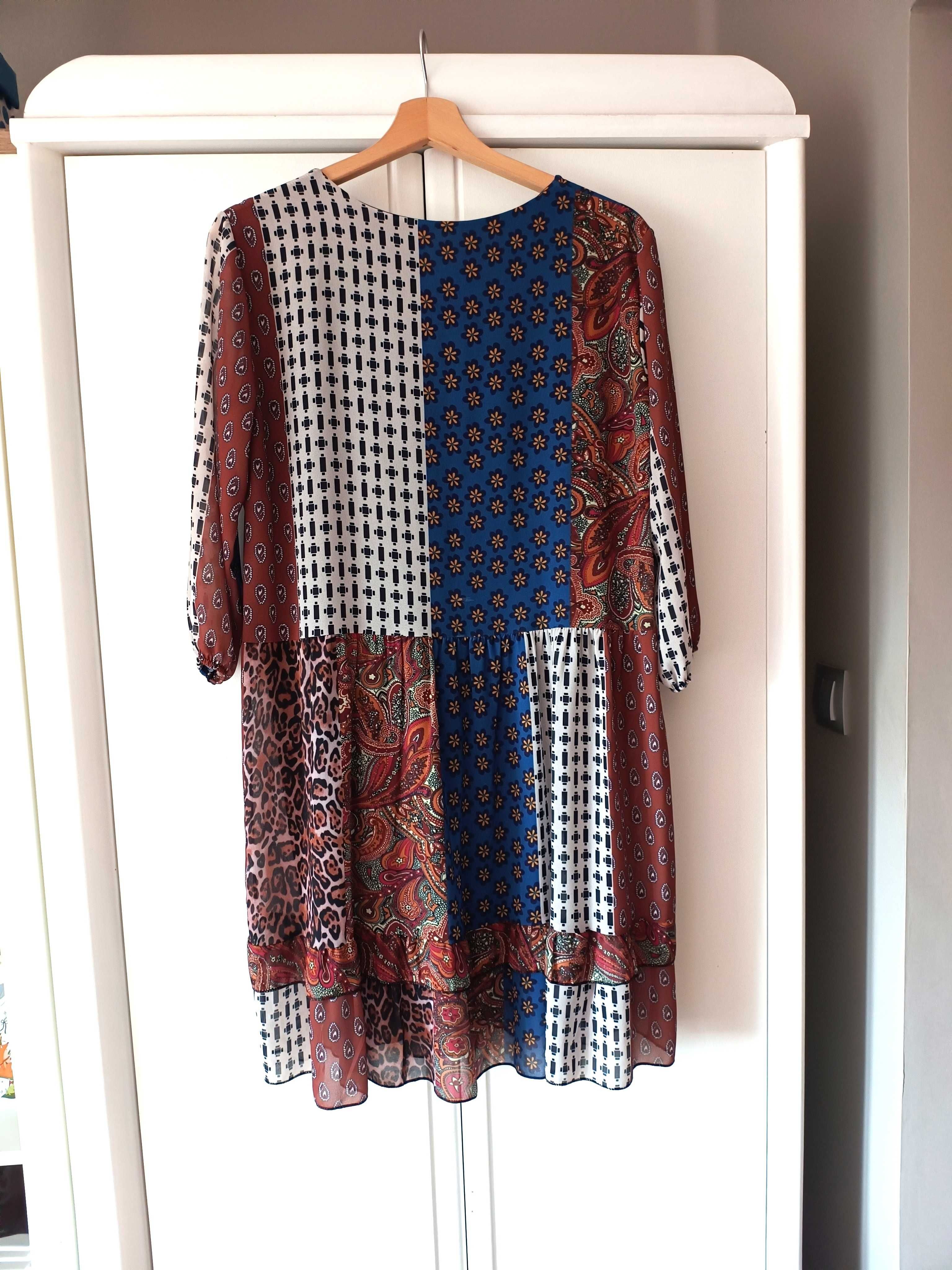 brązowa sukienka z długim rękawem 38M 40L boho mini we wzory wzorki