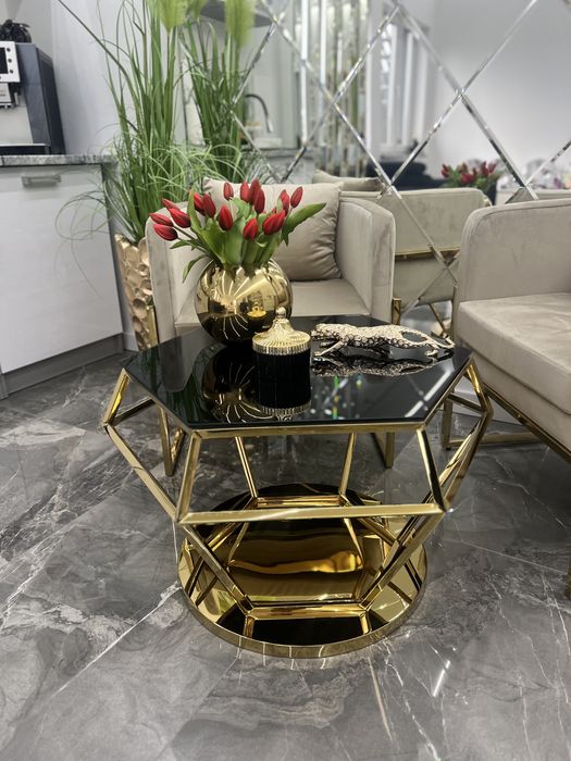 Złoty stolik kawowy diament glamour z czarną szybą 80 PREMIUM